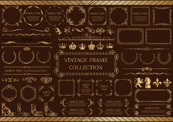 Set Gold Vintage Frames Isolated Dark Background Vector Illustration — Stock Vector