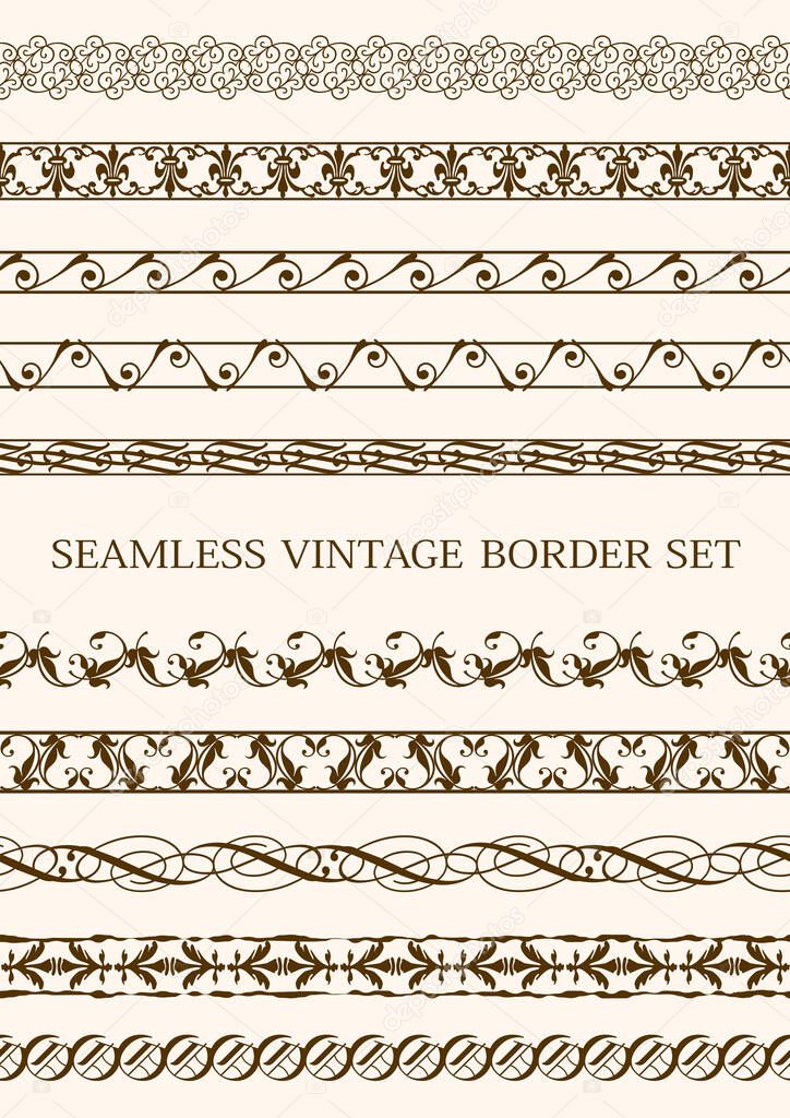 Seamless Vintage Border Set Isolated On A Plain Background. Vector Illustration. Horizontally Repeatable.