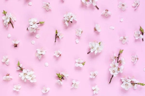 Patrón Hecho Flores Blancas Primavera Sobre Fondo Rosa Composición Flores — Foto de Stock