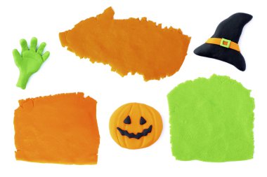 3D halloween cadı şapka, zombi el, kabak, arka plan tasarım el yapımı kil beyaz bir arka plan üzerinde izole ayarla