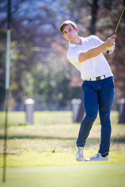 Onun vuruş için PIN planlama golfçü — Stok fotoğraf