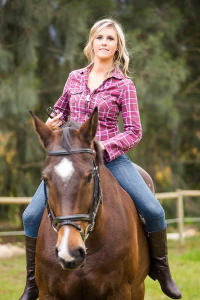 Schöne Eleganz Cowgirl mit Pferd — Stockfoto