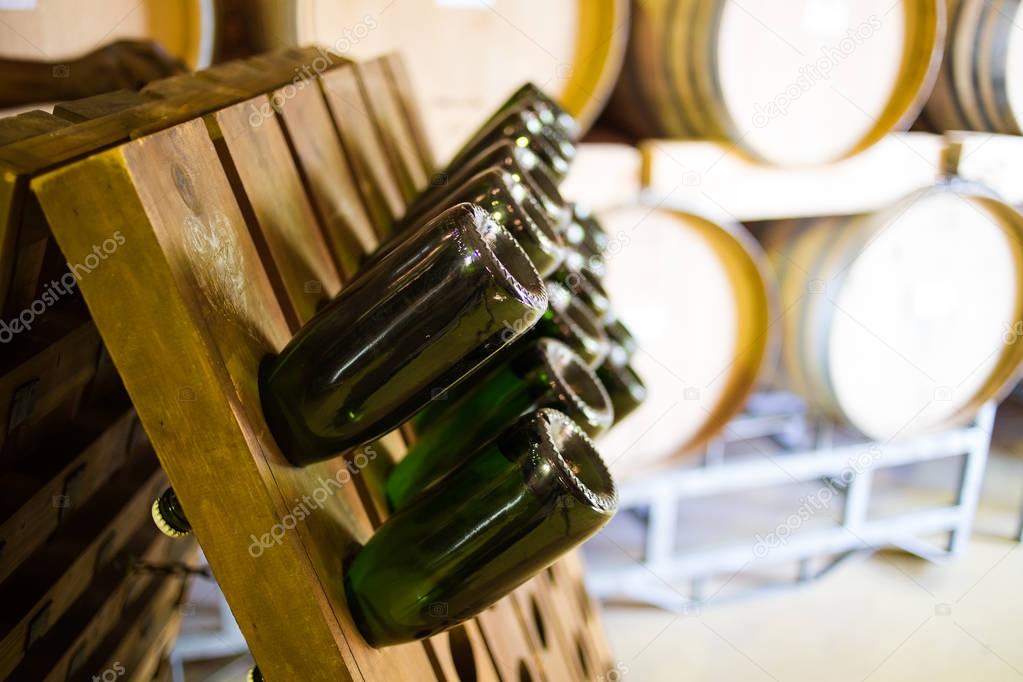 champagne bottles in a wine rack