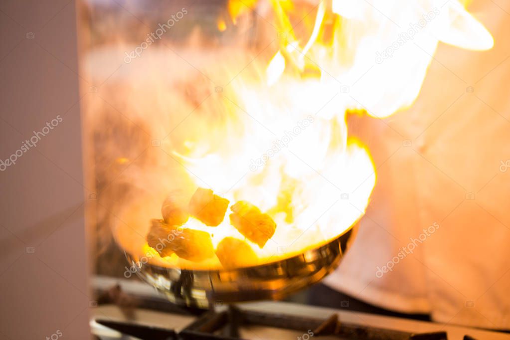 Burning fire in pan