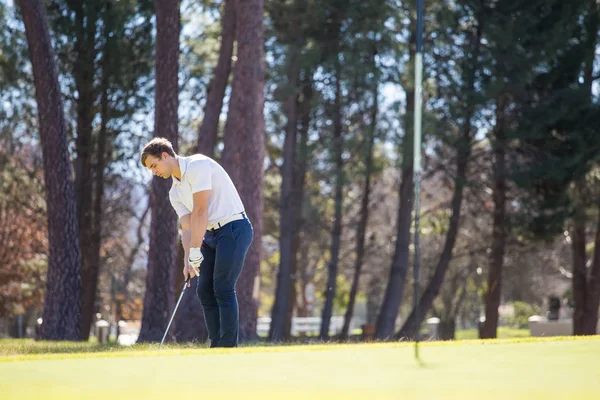 Onun vuruş için PIN planlama golfçü — Stok fotoğraf