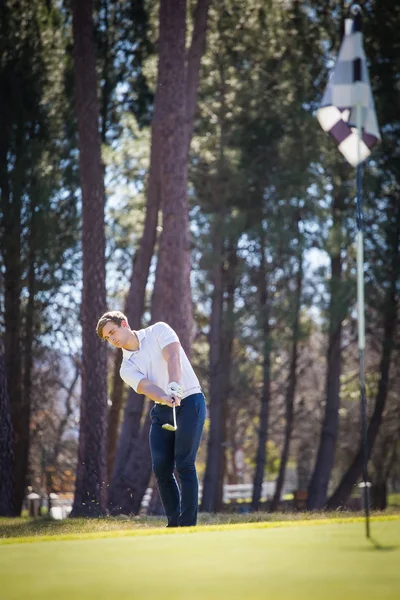 Onun vuruş için PIN planlama golfçü — Stok fotoğraf