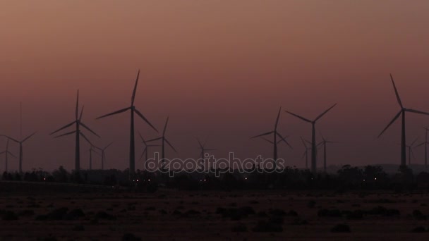 Wind farm as seen from far at dusk — стоковое видео