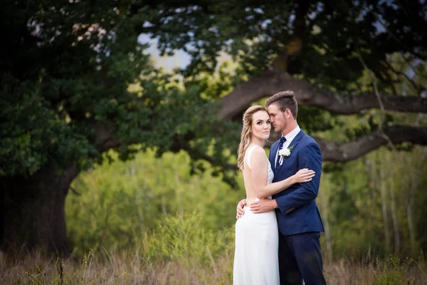 Beautiful bride and her groom on their wedding day looking happy — Stock Photo, Image