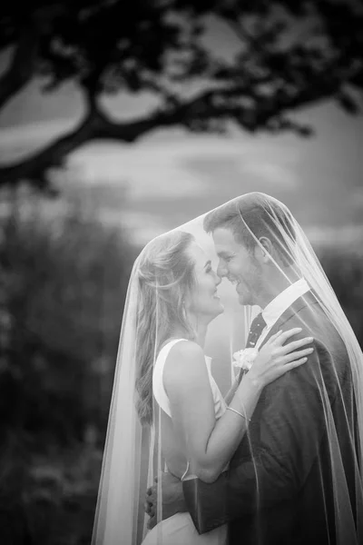 Vackra bruden och hennes brudgum på bröllopsdagen ser glad — Stockfoto
