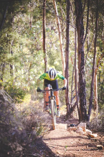 Pędzenie w downhill rowerzysta górski — Zdjęcie stockowe