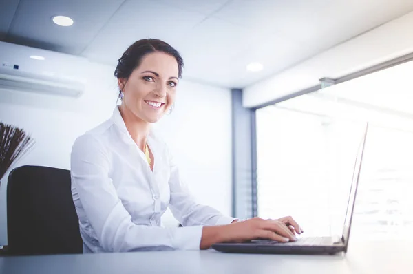 Beautiful Brunette Female Business Woman Working Her Laptop Her Office — Stock Photo, Image