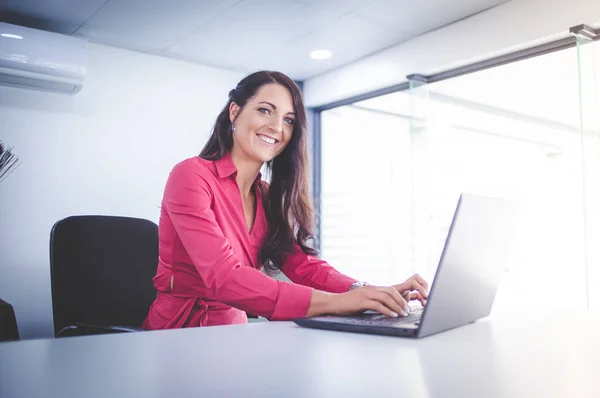 Mooie Brunette Vrouwelijke Zakenvrouw Bezig Met Haar Laptop Haar Kantoor — Stockfoto