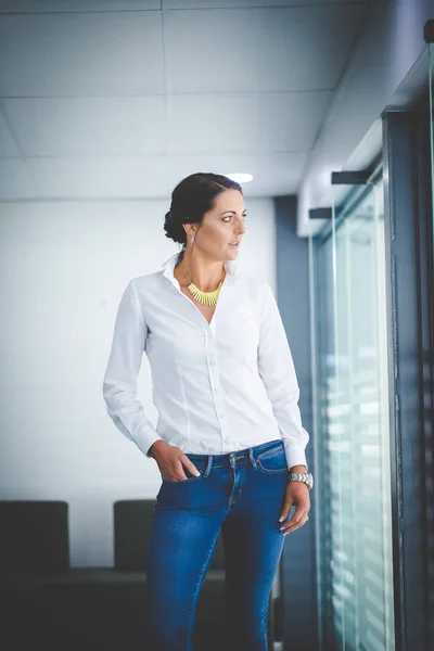 Beautiful Brunette Business Woman Standing Boardroom — Stock Photo, Image