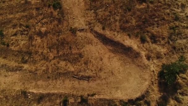 日没時の草原の乾燥ロードを車でサイクリストの空中写真 — ストック動画