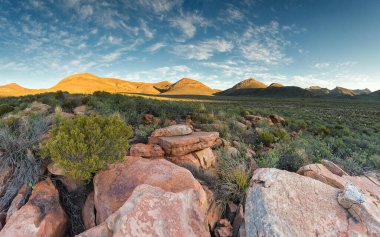 Güney Afrika 'nın batısındaki Twinsrivier' in hemen dışındaki karoo ovalarının geniş açılı panoramik manzarası.