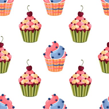 Beyaz bir arka plan üzerinde renkli kek ile Seamless modeli. V