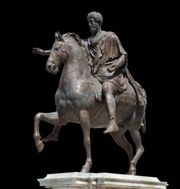 Capitoline Meydanı 'ndaki (Roma, İtalya) Marcus Aurelius heykeli, siyah üzerine izole edilmiş.