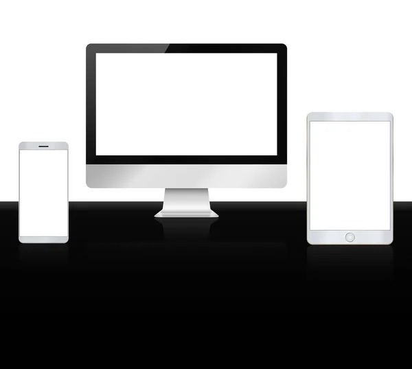 Set perangkat berkualitas tinggi. Monitor komputer, telepon genggam dan tablet - Stok Vektor
