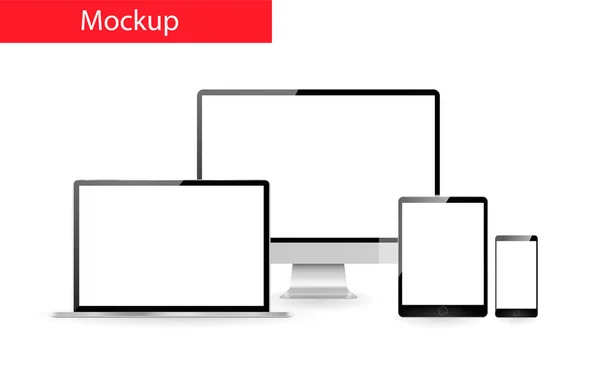 Modèle de conception sensible. Ensemble de moniteur réaliste, tablette d'ordinateur portable et mobile — Image vectorielle