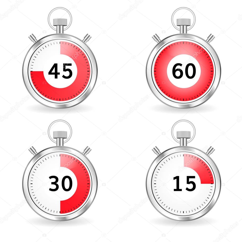 Realistic stopwatch with red dial and seconds bar . Set of timers with 