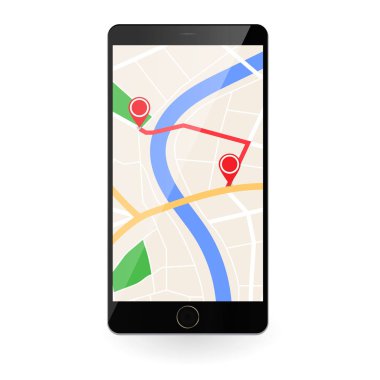 hareket eden telefon ile şehir ve konum kırmızı işaretçi vektör çizim harita planı 