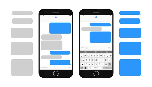 Cajas de mensajes de texto en la pantalla del teléfono inteligente Conjunto de burbujas de texto vacías Burbujas de diálogo Interfaz de mensajería con teclado qwerty y teléfono móvil moderno realista — Vector de stock