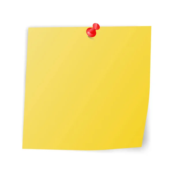 Yellow sticky paper with red pin square reminder note with curved corner — Stock Vector