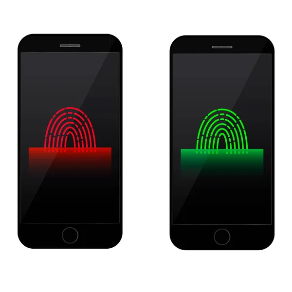 Fingerprint scanning on mobile phone screen accept and declined access Finger print symbol and scanner — Stock Vector