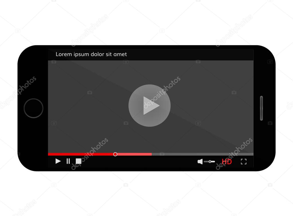 Mobile phone  screen with video modern  player Realistic smartphone  with video player interface template 