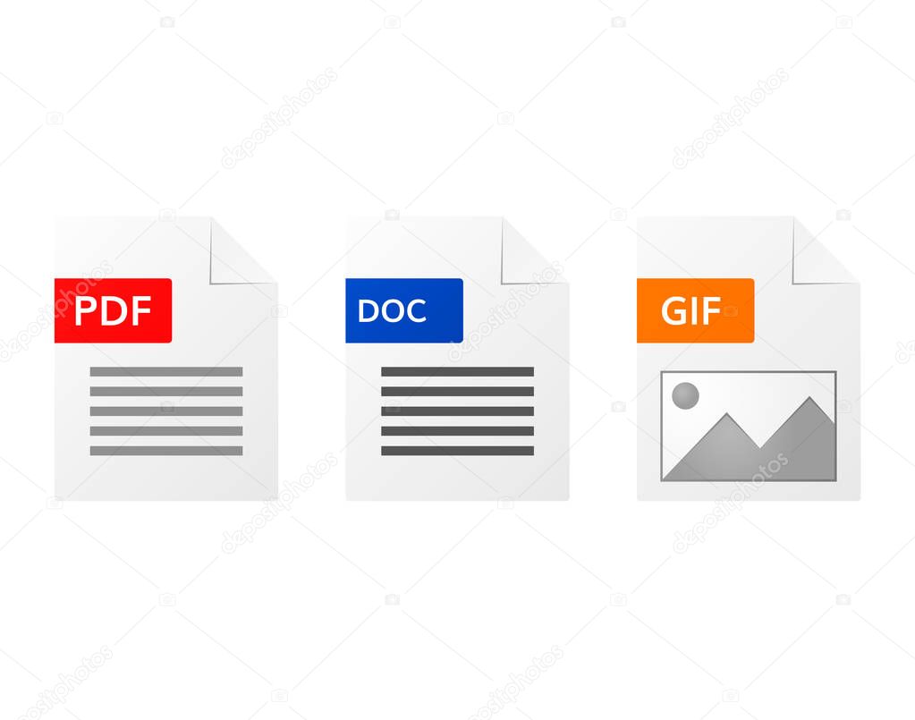 Gif  pdf and doc  file format  icon set 