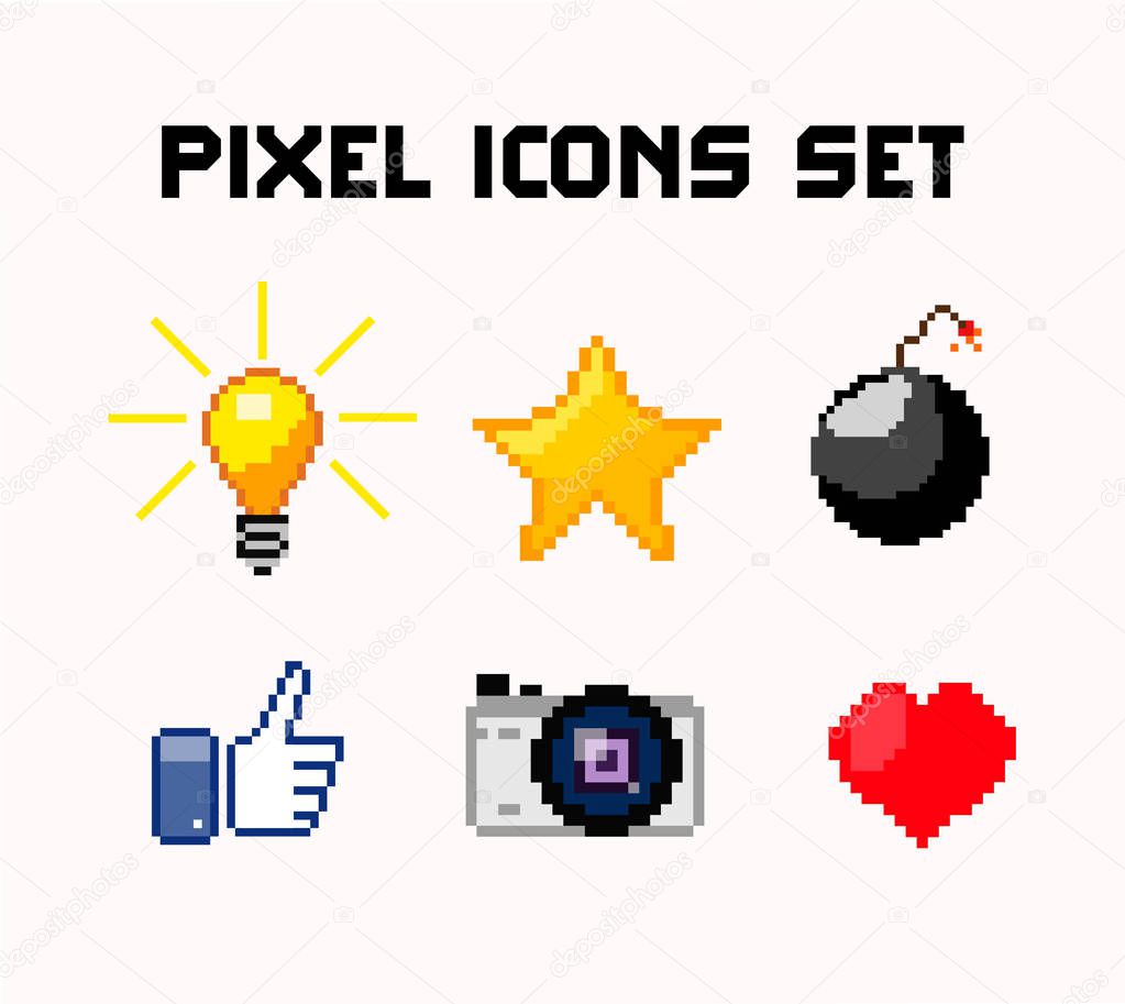Pixel icons set  light bulb heart bomb pixel 8 bit star and camera