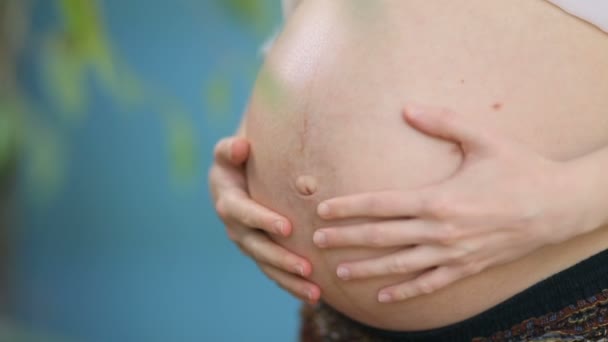 Mujer embarazada tocando el vientre — Vídeos de Stock