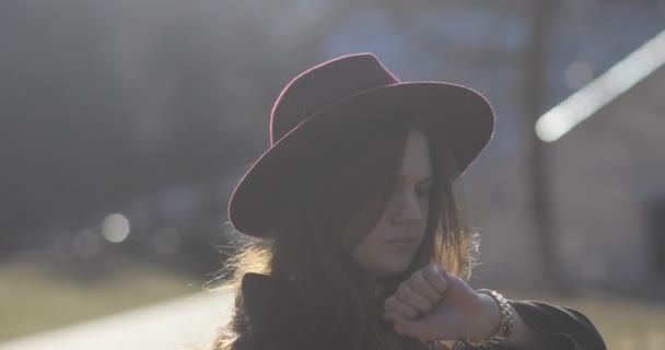 公園に立っている若い女性δέντρο σε σχήμα διακόσμηση Χριστουγέννων — ストック動画