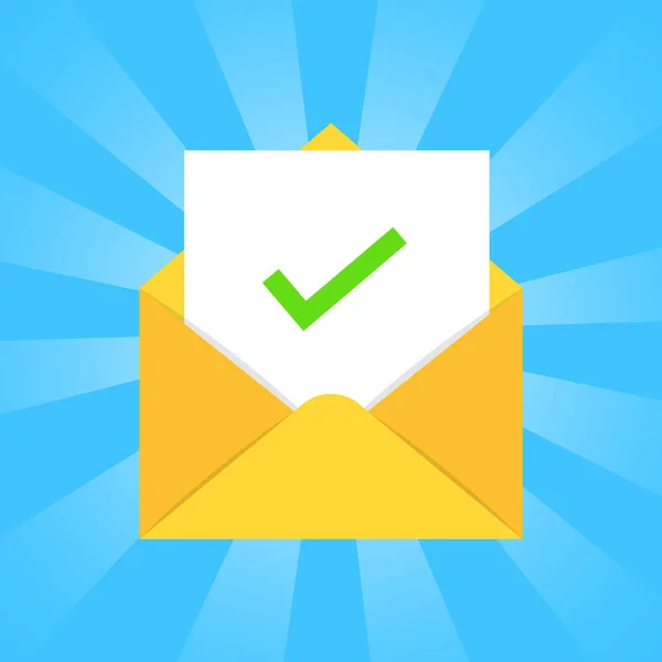 Envelope with document and green check mark icon Successful e-mail delivery, email delivery confirmation, successful verification concept Illustration Vector
