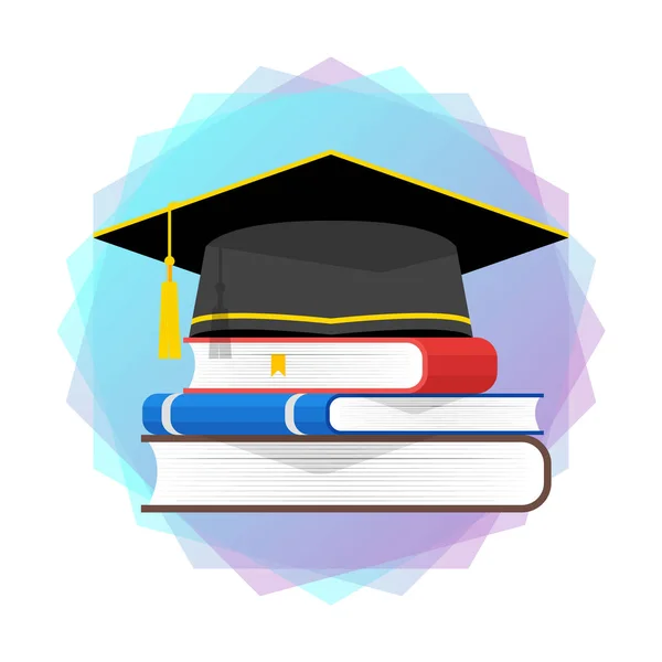 Μαύρο Καπέλο Αποφοίτησης Στοίβα Βιβλίων Σχέδιο Εκπαίδευσης Και Αποφοίτησης Εικονογράφηση — Διανυσματικό Αρχείο