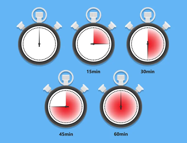 Ikony Zegarka Countdown Stopwatch Ustawione Płaskim Stylu Cyfrowy Zegar Zegar — Wektor stockowy