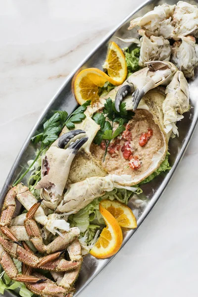Gourmet fresh whole crab with seafood cream mousse meal — Stock Photo, Image