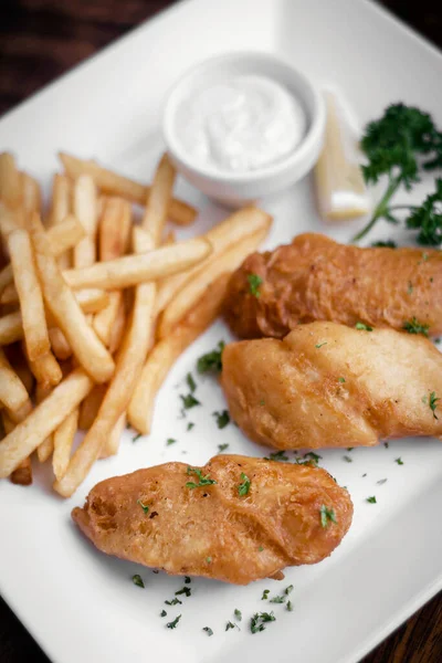 British Traditional Fish Chips Meal White Plate — Stock Photo, Image