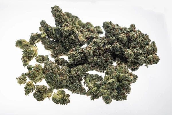 Nás Lékařské Marihuany Konopí Pupeny Detailní Bílém Pozadí Studia Kalifornii — Stock fotografie