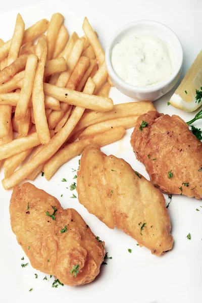 British Traditional Fish Chips Meal White Plate — Stock Photo, Image