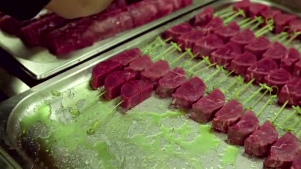 Brochetas de carne en bandeja engrasada — Vídeos de Stock