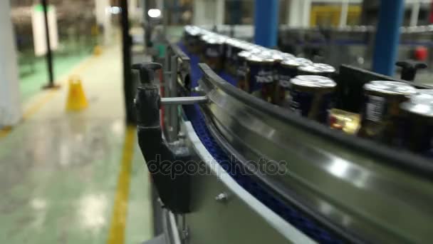 Beer cans on conveyor belt — Stock Video