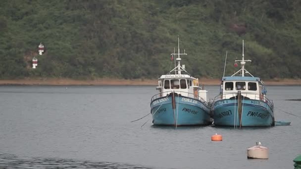 Barcos estão ancorados perto da margem do rio — Vídeo de Stock