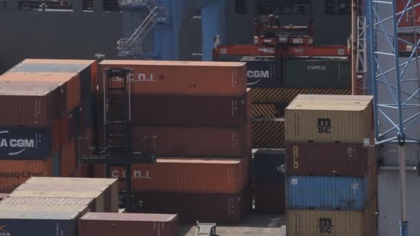 Port crane lowering containers — Stock Video