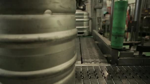 Cerveza barril en cinta transportadora — Vídeos de Stock