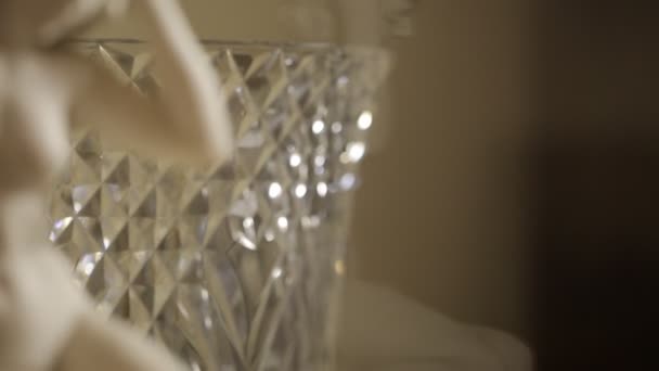 Figurilla de porcelana delante de un jarrón de vidrio cortado — Vídeos de Stock