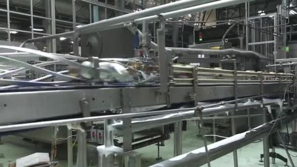 Beer cans on conveyor belt — Stock Video