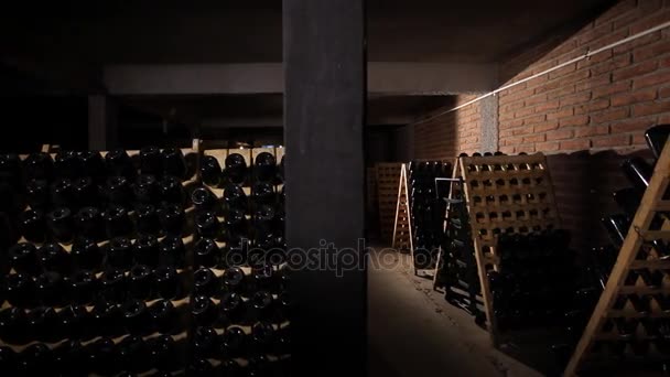 Винный погреб с бутылками — стоковое видео