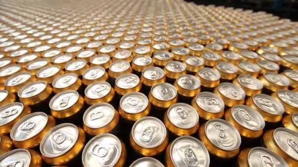 Beer cans on conveyor belt — Stock Video