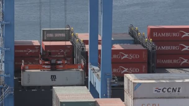 Poort kraan offloading container — Stockvideo